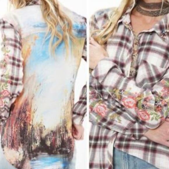 Aratta Silent Journey Size S Plaid Flannel Nature Shirt Button Up Embroidered - Picture 4 of 7